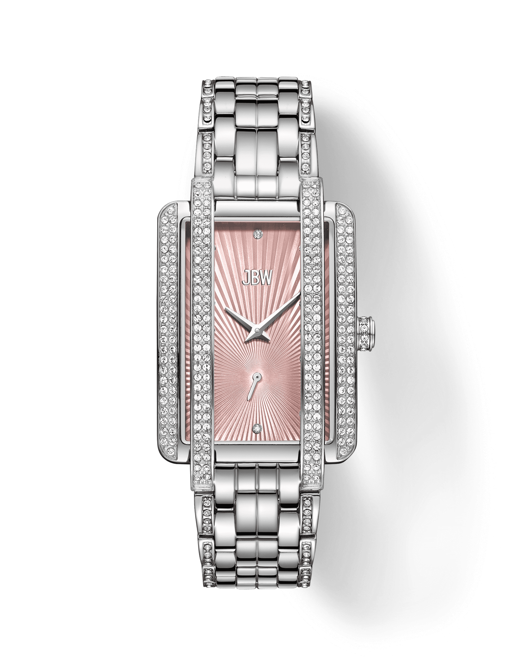 The JBW Mink | J6358H is a rectangular case watch with a pink sunburst dial, diamond-accented bezel and band, silver hour markers, and a stainless steel bracelet. The watch face features the JBW logo.