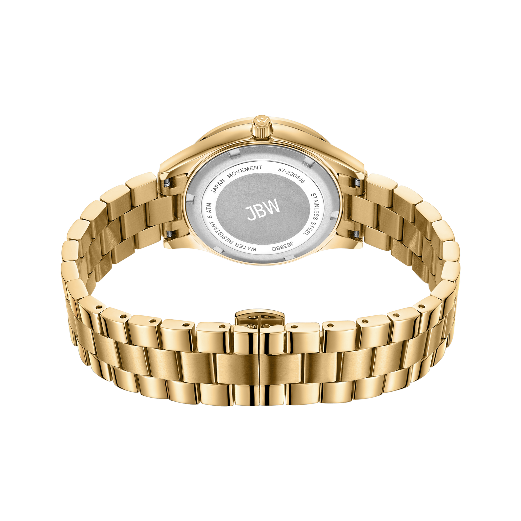 A gold-plated stainless steel Mondrian 34 | J6388D by JBW Watches is shown from the back, featuring a brushed caseback engraved with JBW. Its chunky polished link bracelet highlights the watch’s signature elegance.