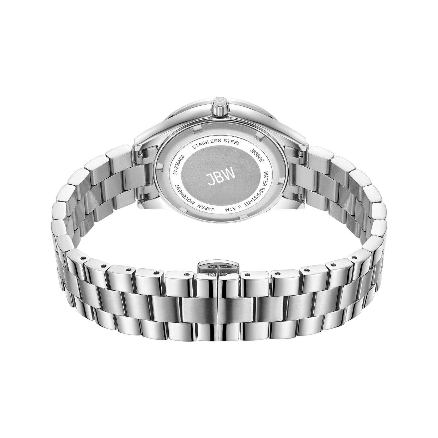 A silver JBW Watches Mondrian 34 | J6388E wristwatch is shown from the back, displaying a stainless steel link bracelet and the JBW logo engraved on the case back.