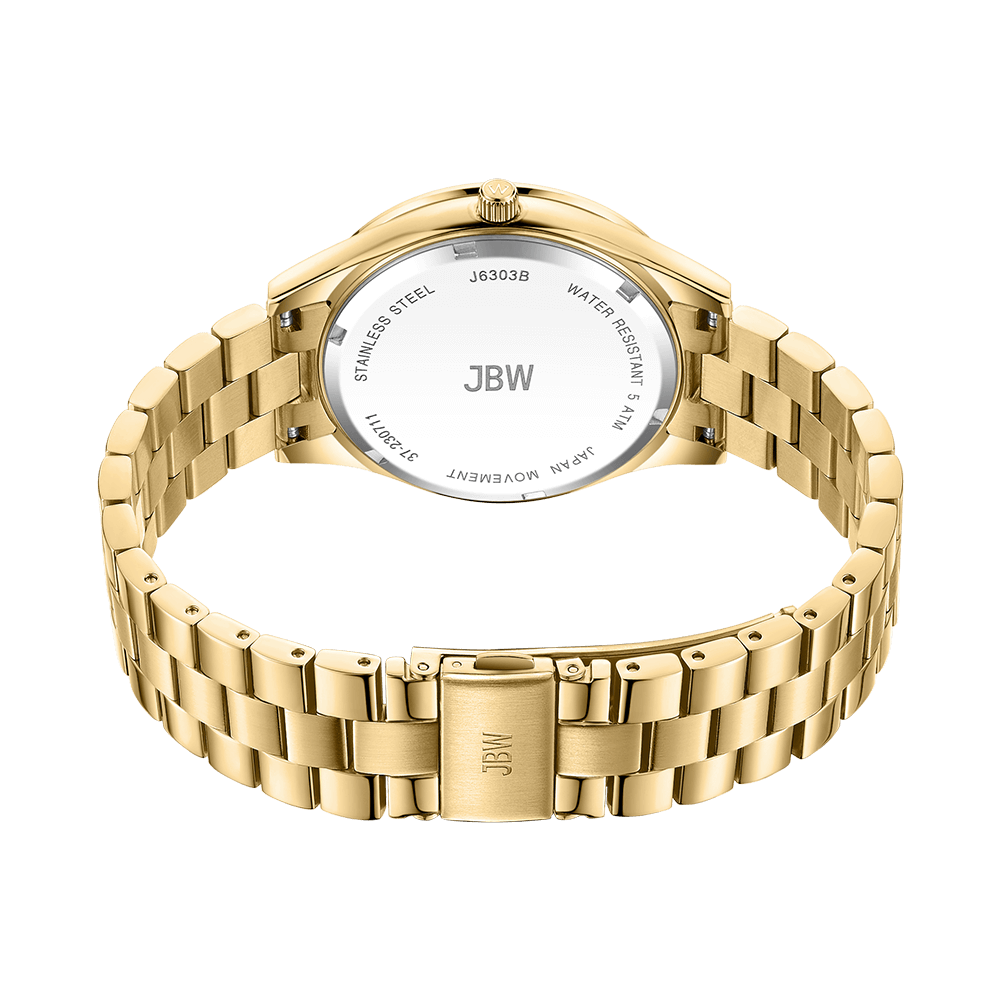 The JBW Mondrian | J6303B wristwatch is shown from the back, featuring a stainless steel case, engraved details, and an open metal link band with an 18K gold-plated finish. The JBW logo appears on both the clasp and case back.