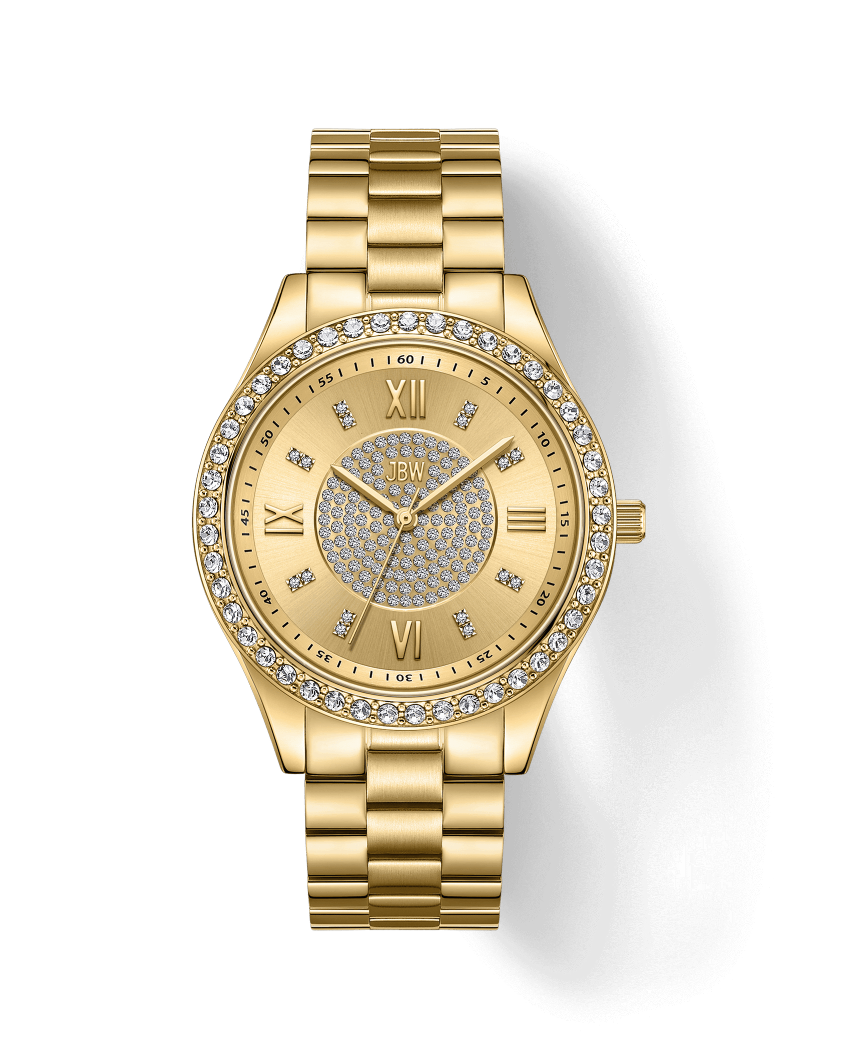 The JBW Mondrian | J6303B is an 18K gold-plated watch with a metal link band, round face, and Roman numerals. Its crystal-accented bezel and dial add elegance and luxury, perfect for everyday sophistication.
