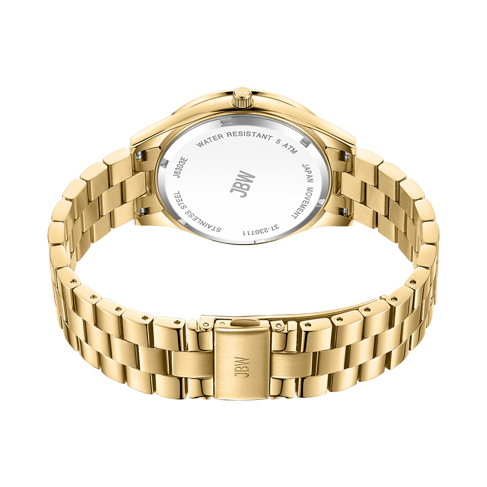 A gold-plated stainless steel JBW Mondrian | J6303E wristwatch is shown from the back, highlighting its clasp, linked bracelet, engraved case back details with water resistance info, and brand name for timeless appeal.