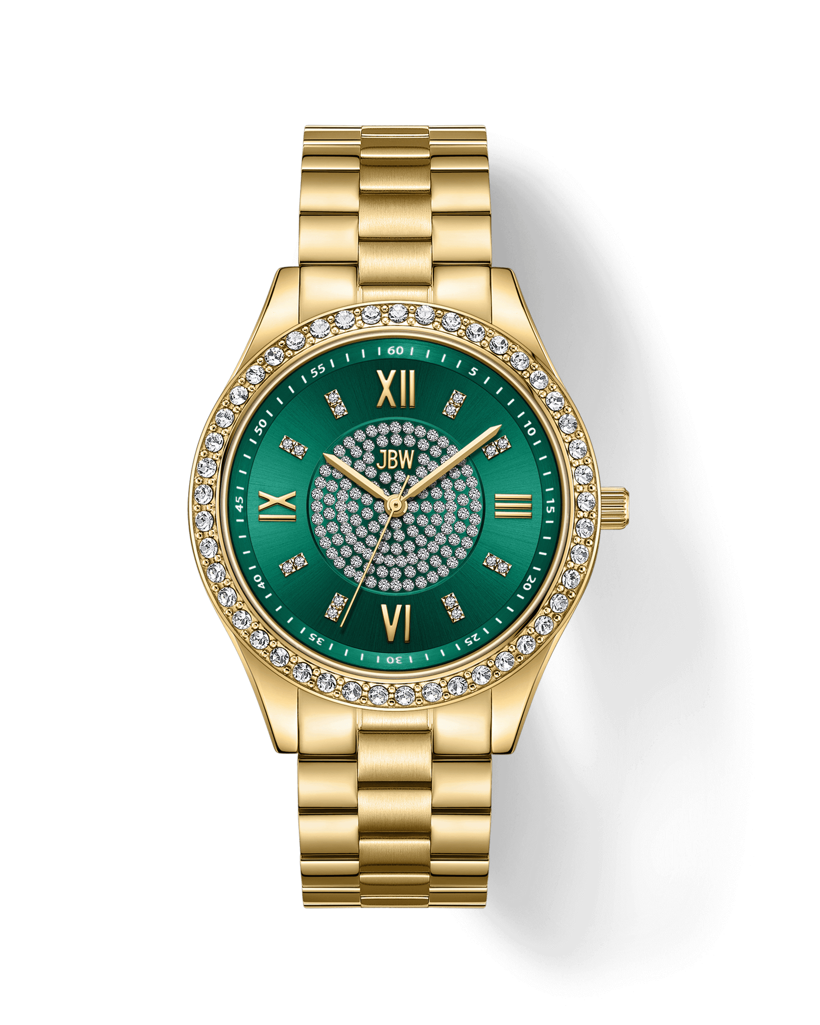 The Mondrian | J6303E by JBW features a gold-plated stainless steel case, green face with Roman numerals, diamond hour markers on bezel and dial, and a gold link bracelet. The JBW brand name is displayed on the watch face.