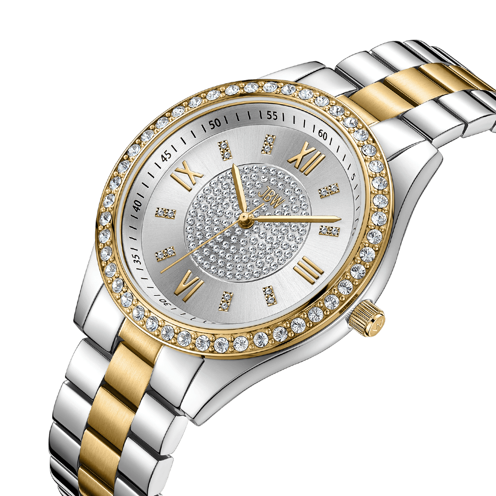 The JBW Mondrian | J6303G is a luxury Swiss movement watch with a silver and gold-plated band, round face, gold Roman numerals, diamond hour markers, and a crystal-encrusted bezel over a textured, crystal-studded dial.
