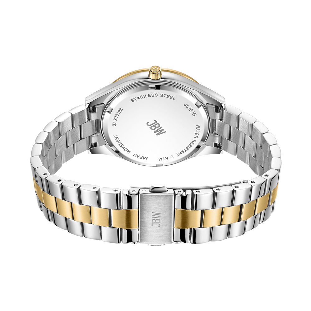 A close-up of the JBW Mondrian | J6303G shows its two-tone silver and gold-plated stainless steel band, engraved case back details, and the JBW logo on the clasp.