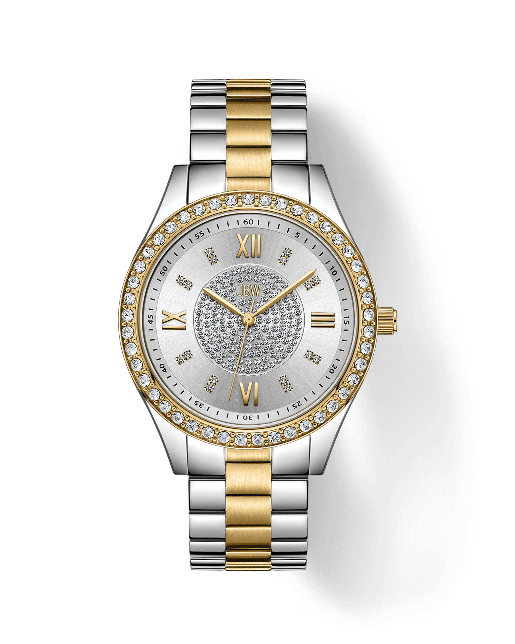 The JBW Mondrian | J6303G is a luxury Swiss movement watch with a round face, Roman numerals, diamond hour markers, and a two-tone gold-plated stainless steel band. The dial features central crystal clusters for extra sparkle.