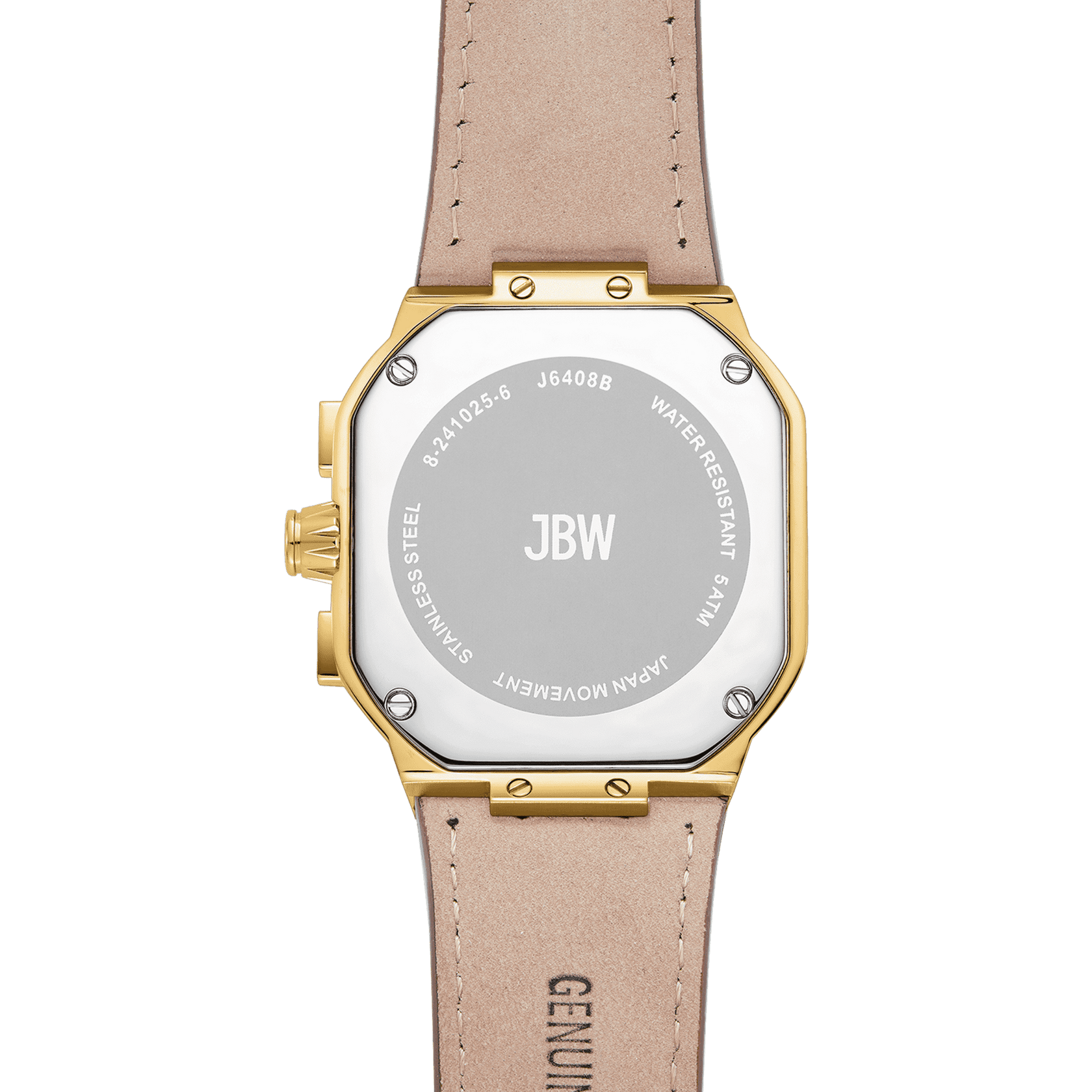 A close-up of the back of the JBW Orion | J6408B luxury timepiece with a beige leather strap features a stainless steel caseback displaying the JBW branding and product details, including WATER RESISTANT and JAPAN movement.