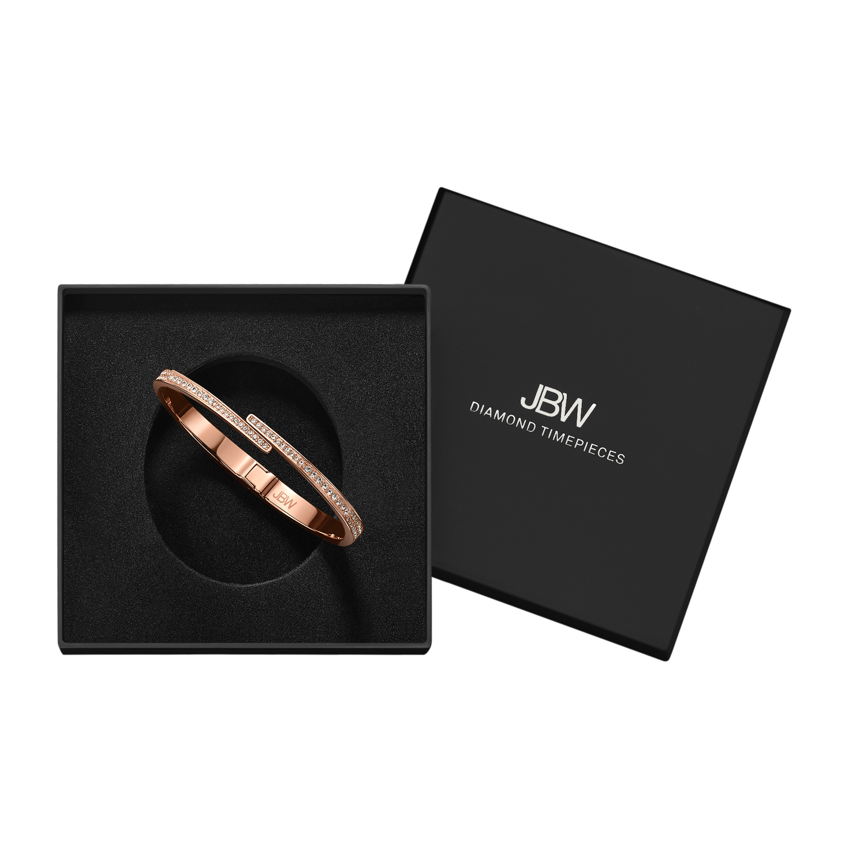 The JBW Crystal Pave Bangle - Rose Gold | J1023C, encrusted with crystals, is shown inside a black JBW box with the lid to the side, all on a white background.