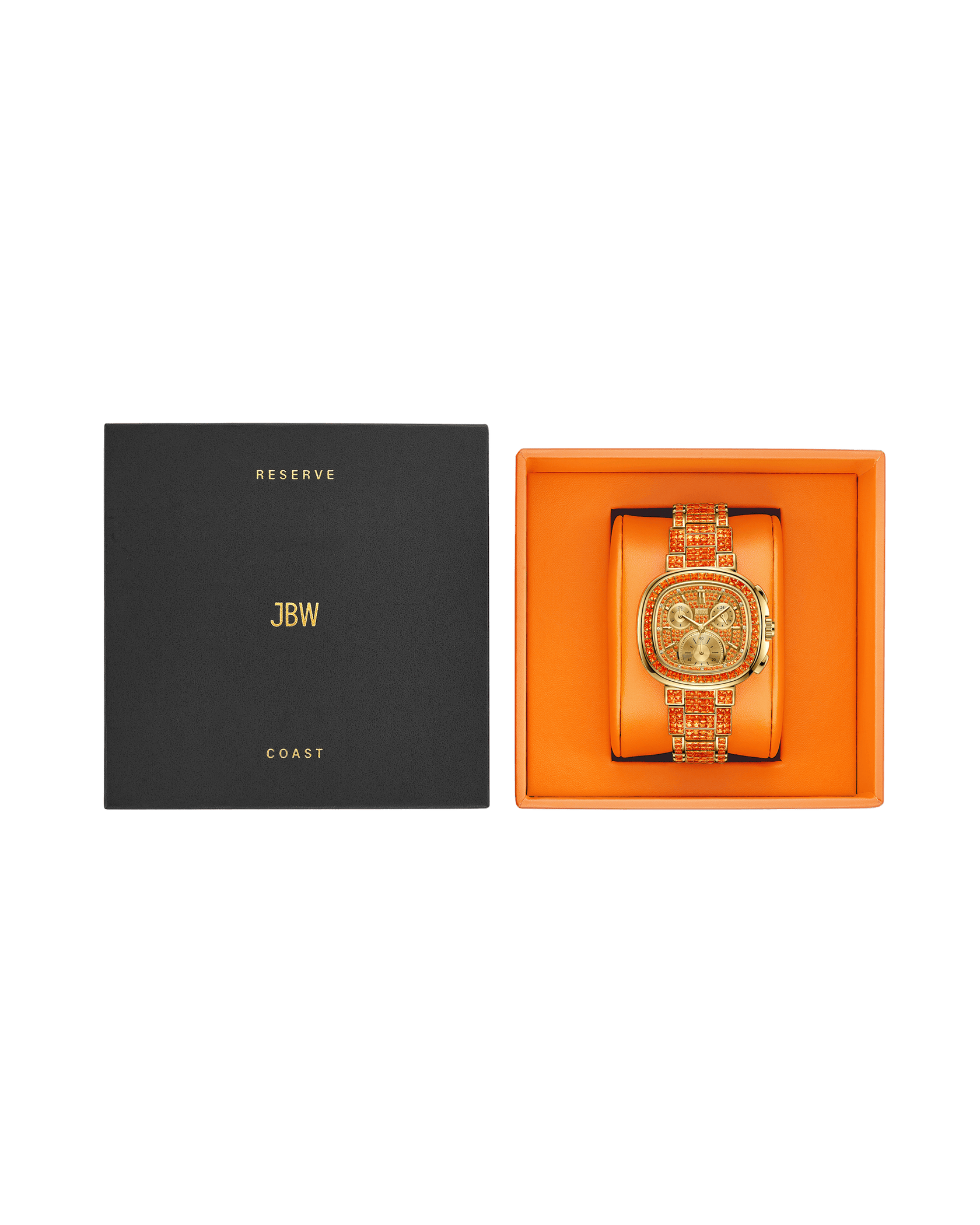 A gold and diamond-encrusted JBW Watches RESERVE Coast Citrine (R6397A) sits in an open orange box, beside a closed black box with gold “RESERVE JBW COAST” text.