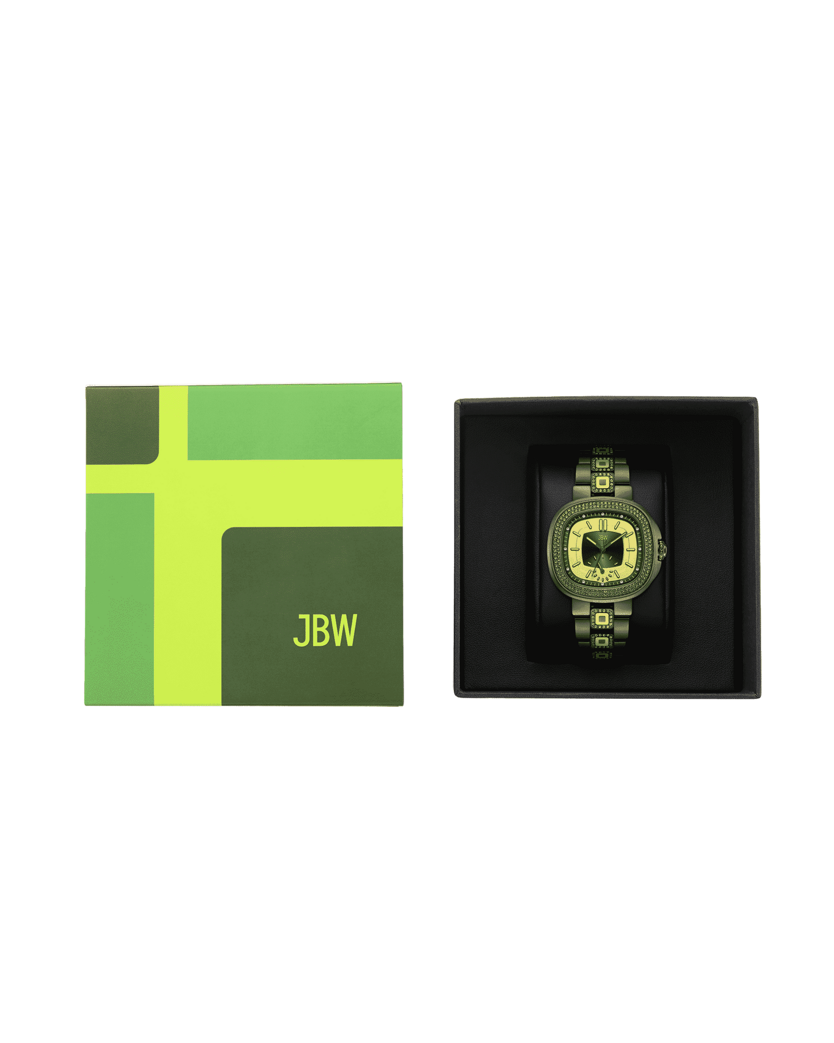 The RESERVE Coast Ivy | R6402A by JBW Watches, featuring green and black colors with olivine-toned crystals, is shown in a black case next to a green patterned JBW box on a white background.