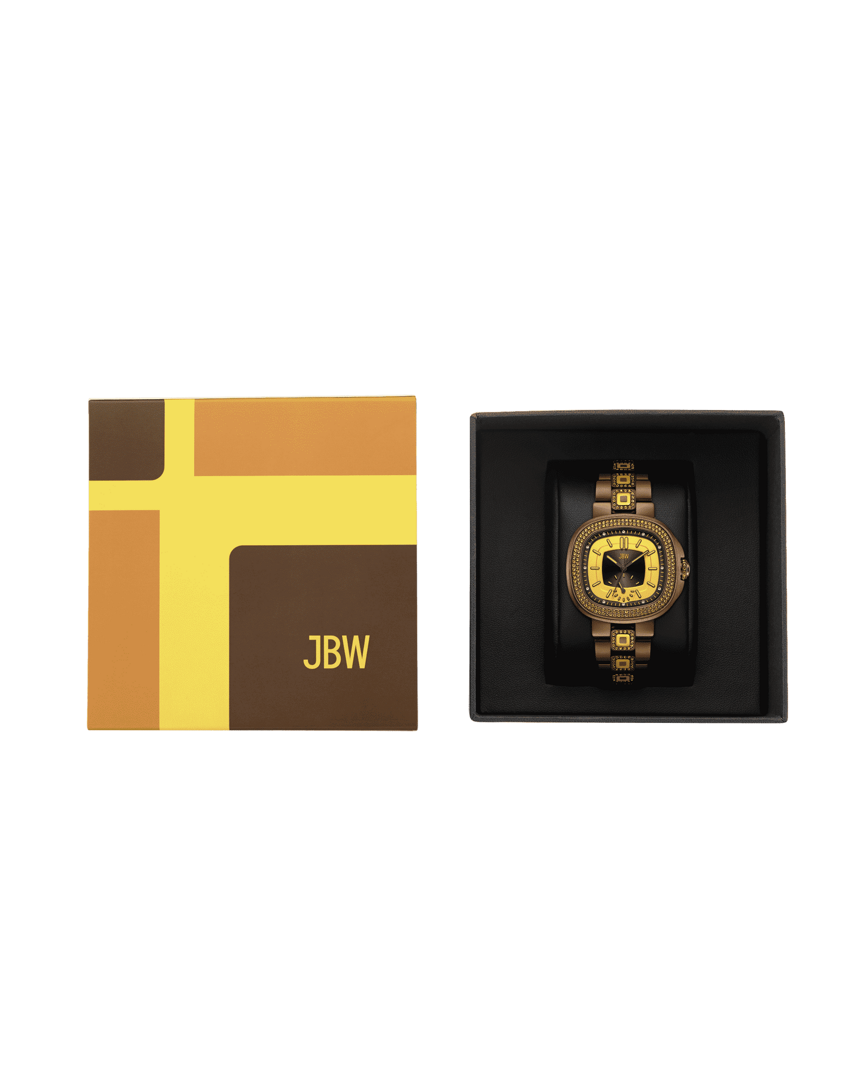 The RESERVE Coast Fire | R6402B by JBW Watches, a gold and black limited edition watch with topaz toned crystals and a decorative face, is shown in an open black box beside a closed JBW-branded yellow and brown geometric box.