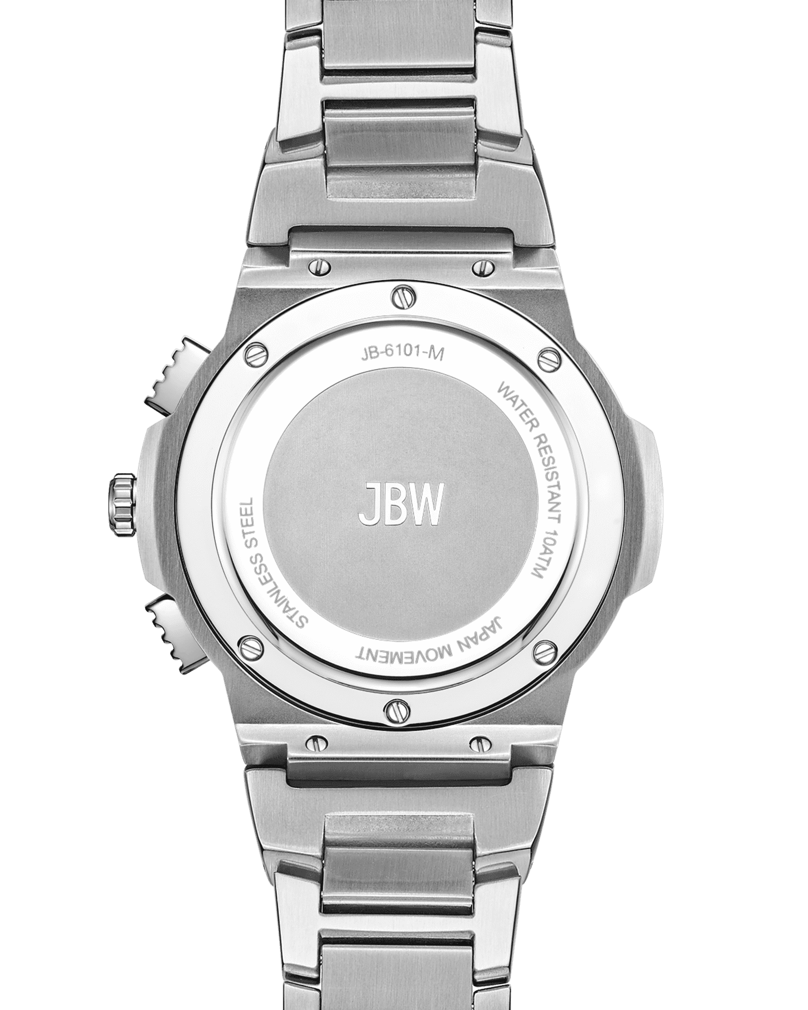 The image shows the back of a JBW Watches Saxon | JB-6101-M in silver stainless steel, engraved with JBW, WATER RESISTANT 10ATM, JAPAN MULTIFUNCTION MOVEMENT, and STAINLESS STEEL. The bracelet and case are also visible.