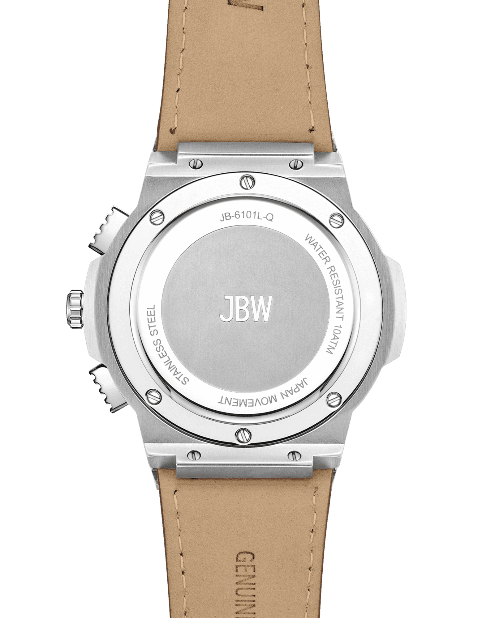Back view of the JBW Watches Saxon | JB-6101L-Q, featuring a tan leather strap, silver stainless steel case, and engraved model number, water resistance, and movement details.