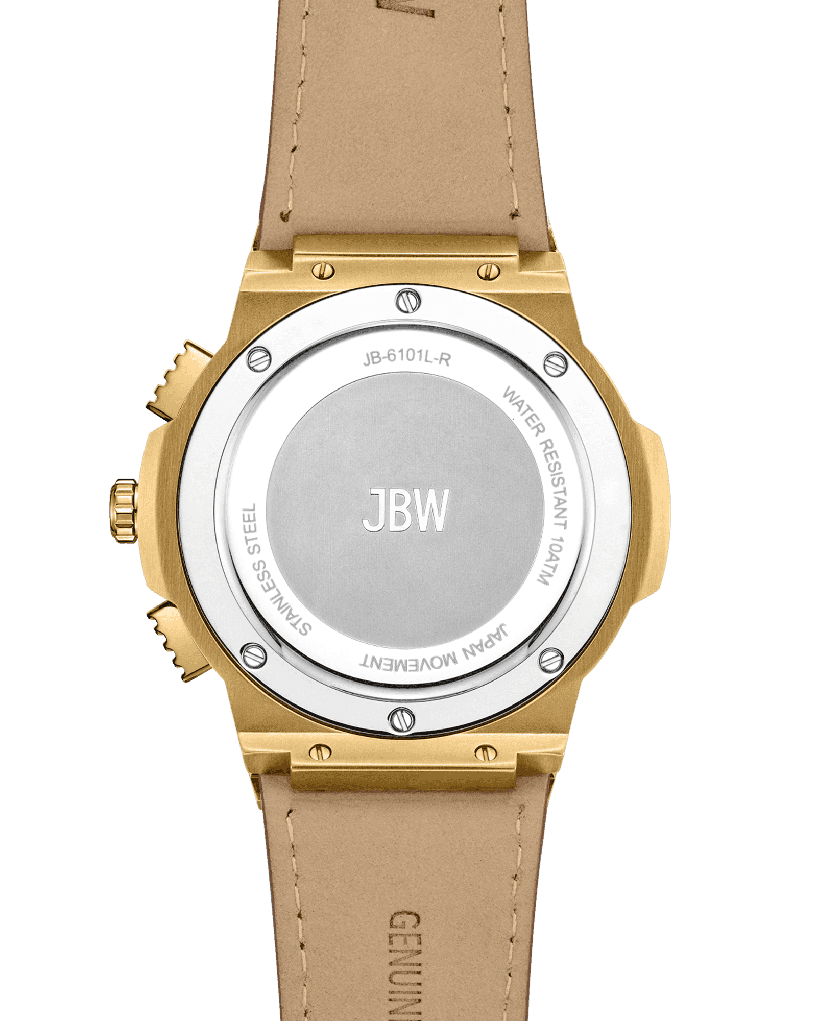 The back of a gold and silver Saxon | JB-6101L-R by JBW Watches with a beige leather strap, featuring engravings: JBW, Water Resistant 50M/165FT, Japan Movement, and Stainless Steel.