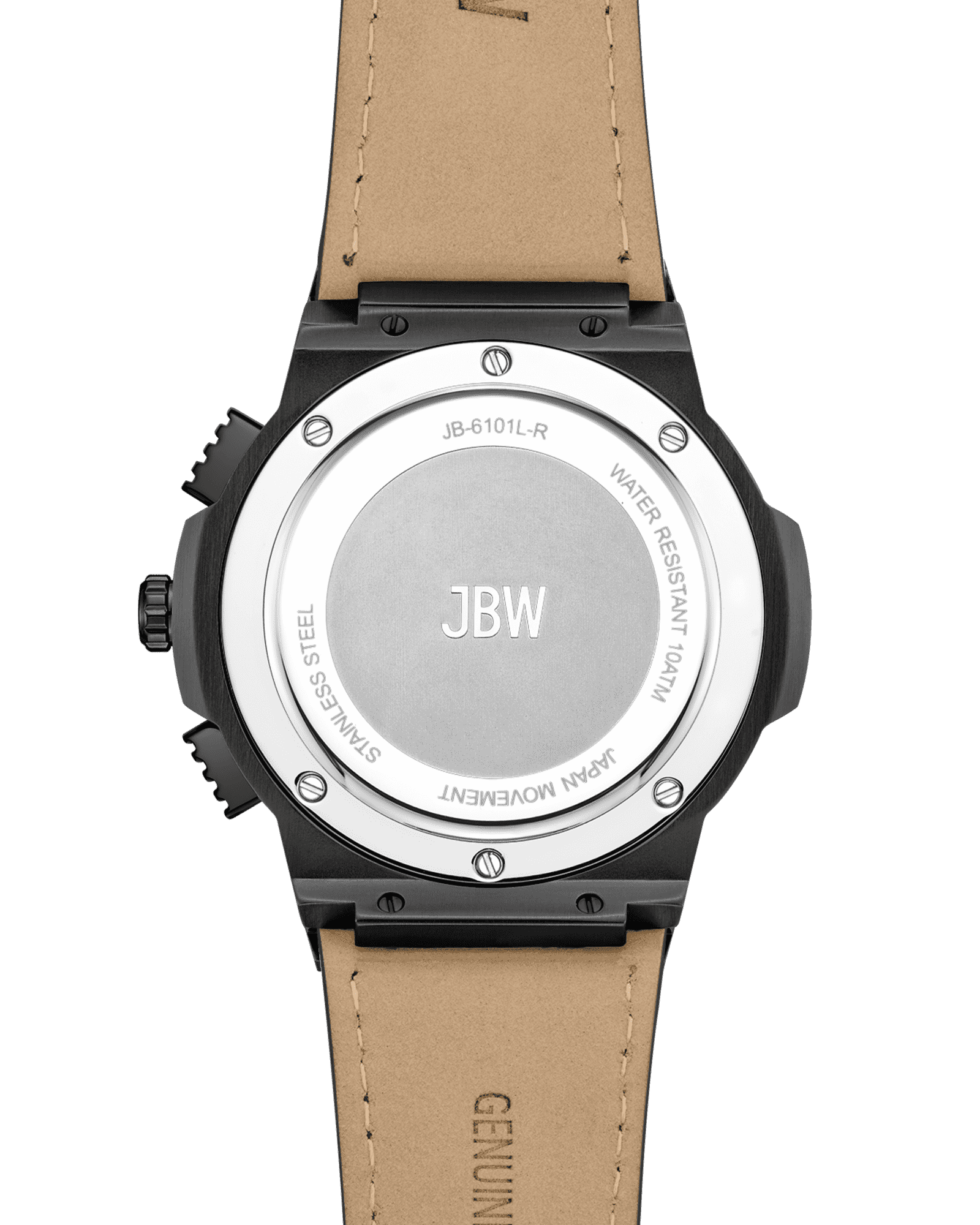 The back of the Saxon | JB-6101L-S by JBW Watches has a round stainless steel case, black edges, and a tan leather strap. It’s engraved with JBW, WATER RESISTANT, JAPAN MOVEMENT, and STAINLESS STEEL.