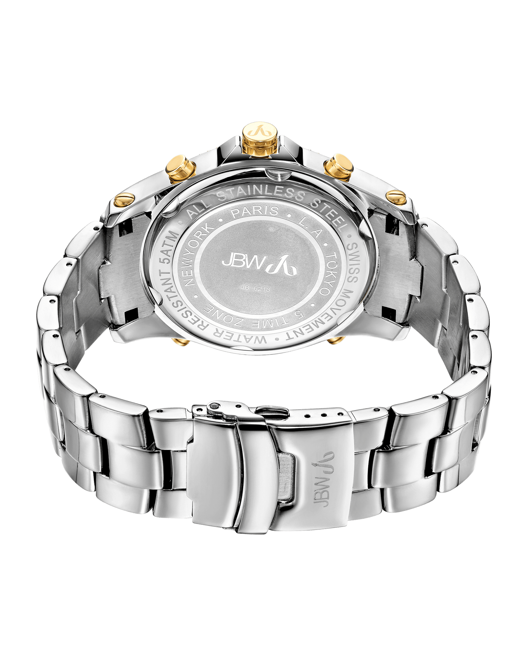 A close-up of the JBW Jet Setter | JB-6213-E shows its 18K gold-plated stainless steel back case and metal bracelet with clasp, featuring gold-toned accents near the watch face.