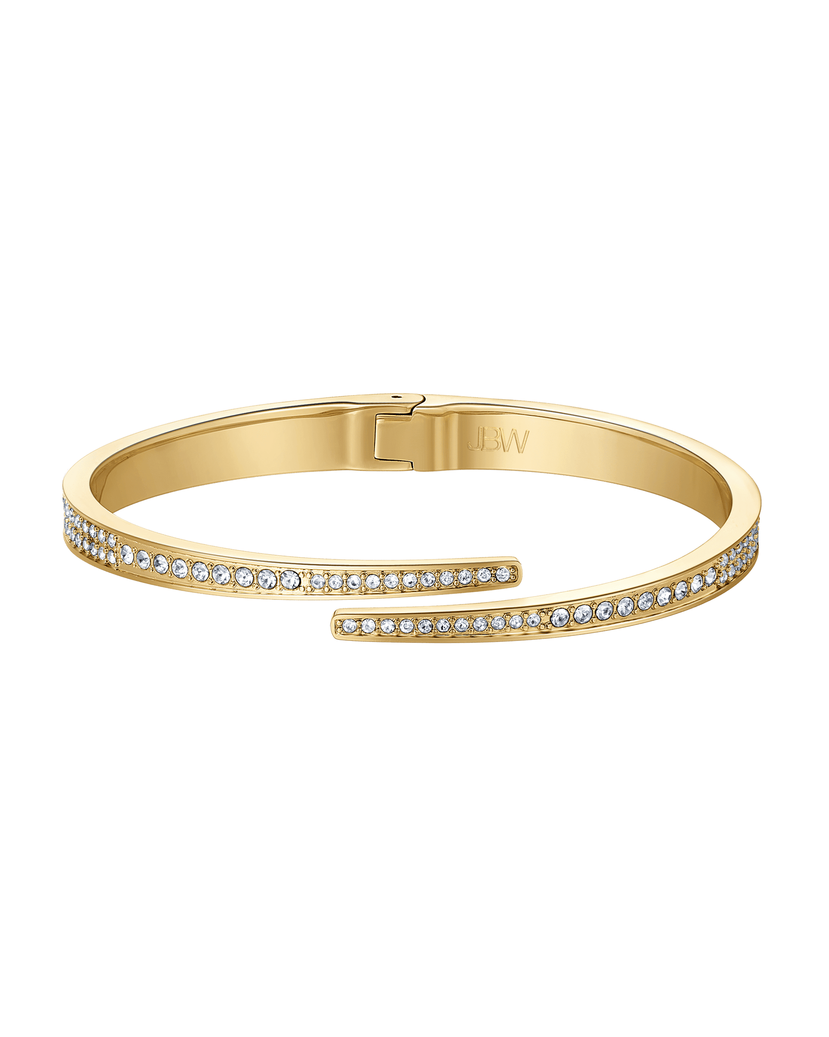The Cristal 28 | J6387-SetA by JBW is a gold-plated open bangle bracelet, featuring twin rows of Austrian crystals on the top edges and an interior engraving that reads JBW.