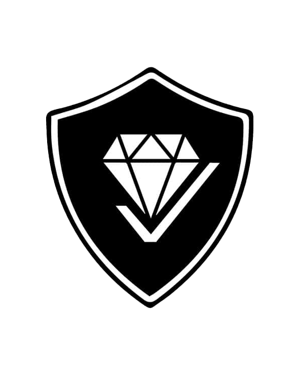 A black shield with a white diamond and checkmark symbolizing enhanced security—perfect for the JBW Watches Platinum Warranty Card | J1025B, offering unlimited battery replacements.