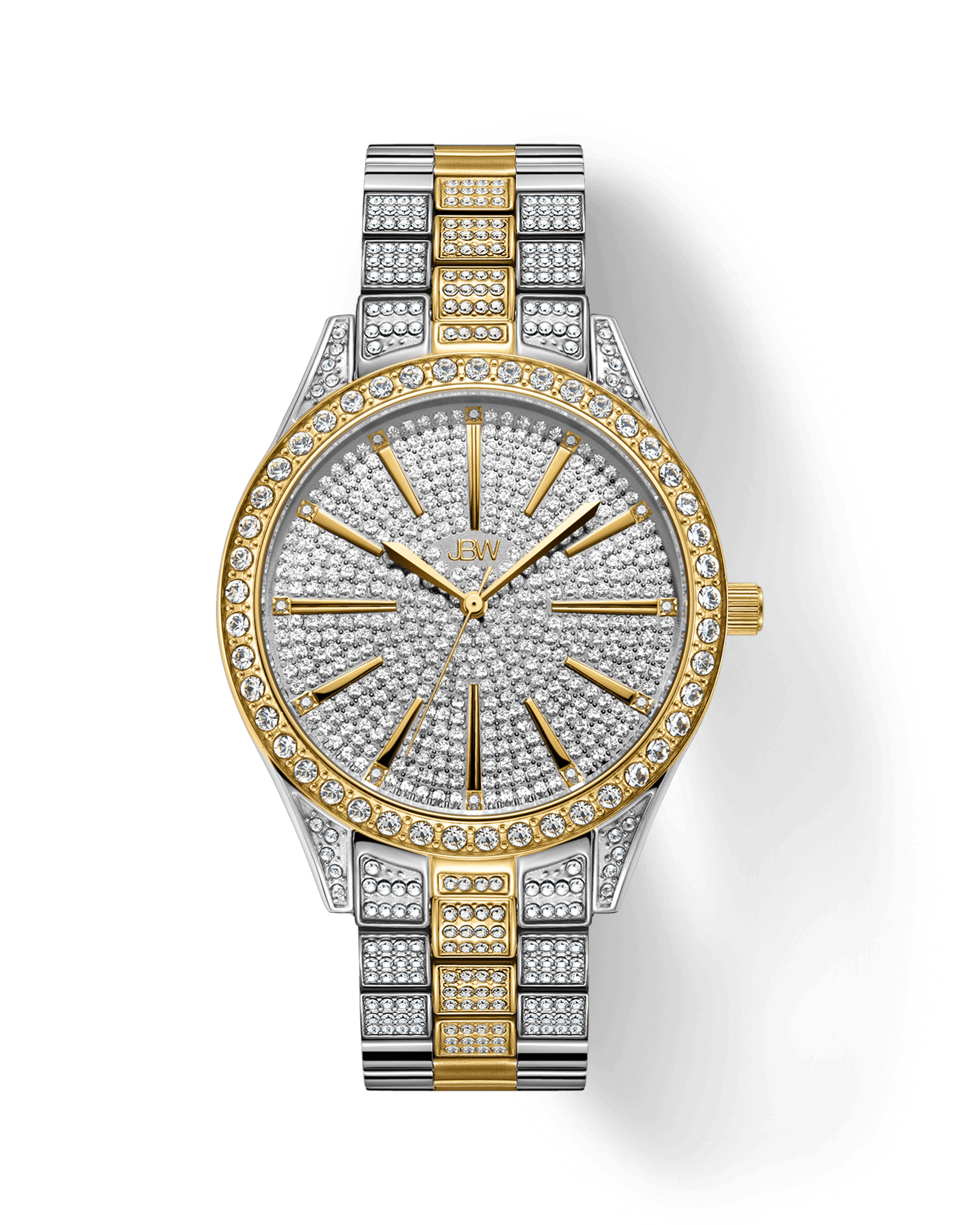 The JBW Cristal 39 | J6346D is a luxury diamond watch with a gold-plated stainless steel band, round face encrusted with crystals, Swiss movement, and gold-tone hour markers and hands.