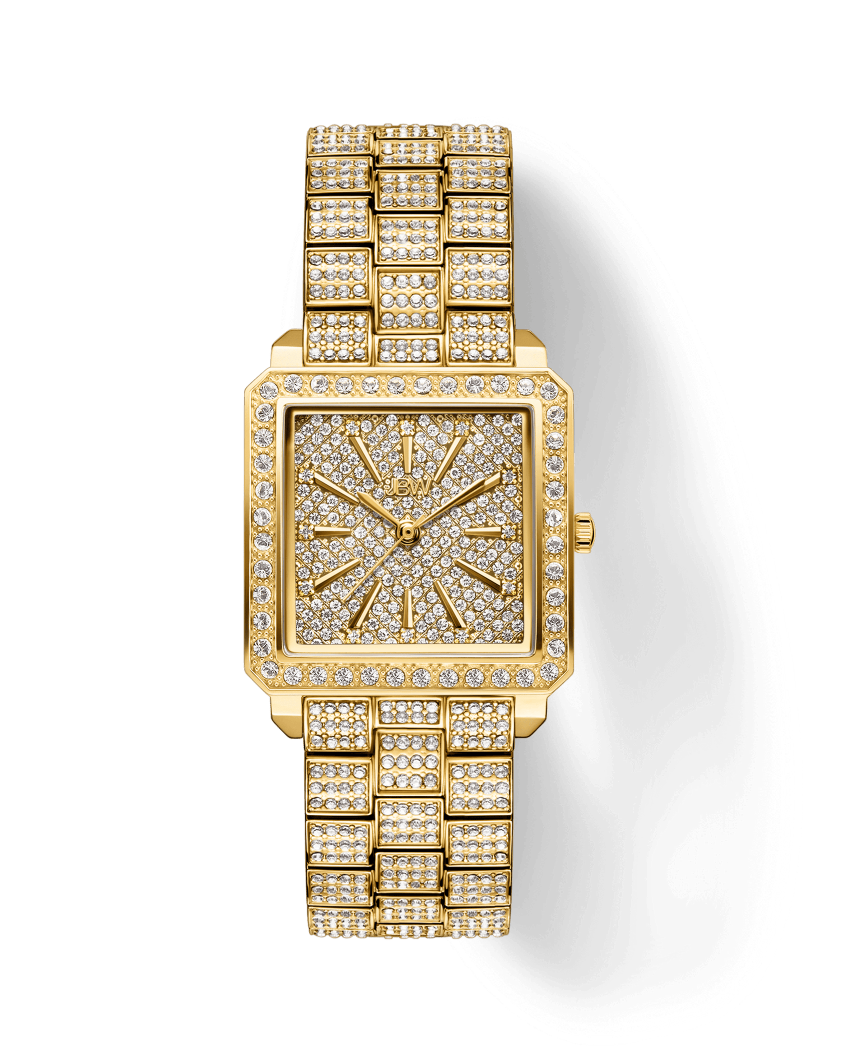 The JBW Cristal 28 | J6386A is a gold-plated stainless steel watch adorned with sparkling diamonds on the face, bezel, and bracelet, featuring gold hour, minute, and second hands for a timeless luxury look.