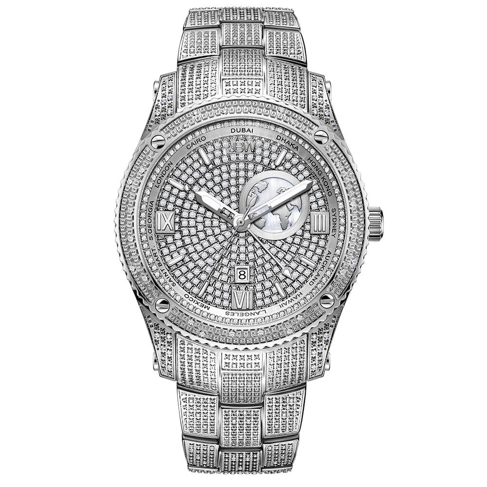 The JBW Jet Setter GMT | J6370B features genuine diamonds on the face, bezel, and band, dual time zone displays, striking silver hands, and Roman numerals at 6 and 12 o’clock.