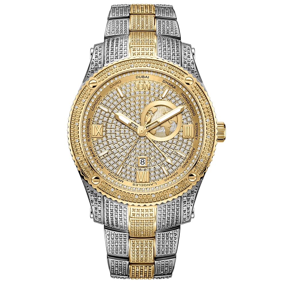 The JBW Jet Setter GMT | J6370D is a two-tone gold-plated stainless steel watch with a diamond-encrusted gold and silver band, Roman numeral dial, small globe design, and date window at 6 o’clock.