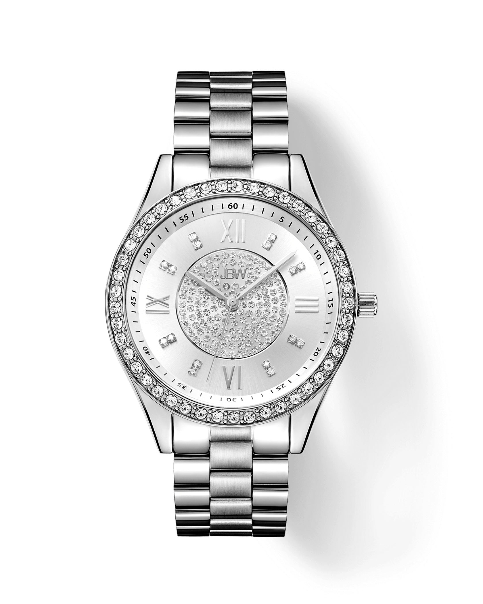 The JBW Mondrian | J6303-SetA is a silver luxury wristwatch featuring a metal link band, round crystal-adorned face with Roman numerals, a sparkling center dial, and a bezel encrusted with crystals for an elegant look.
