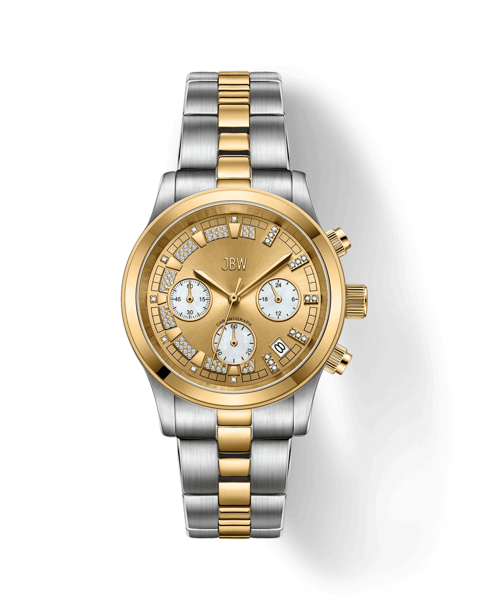 The JBW Muse | JB-6217-C is a luxury 38mm diamond watch with a gold-plated stainless steel band, gold bezel, gold face, three subdials, date window, chronograph movement, diamond accents, and the JBW logo on the dial.