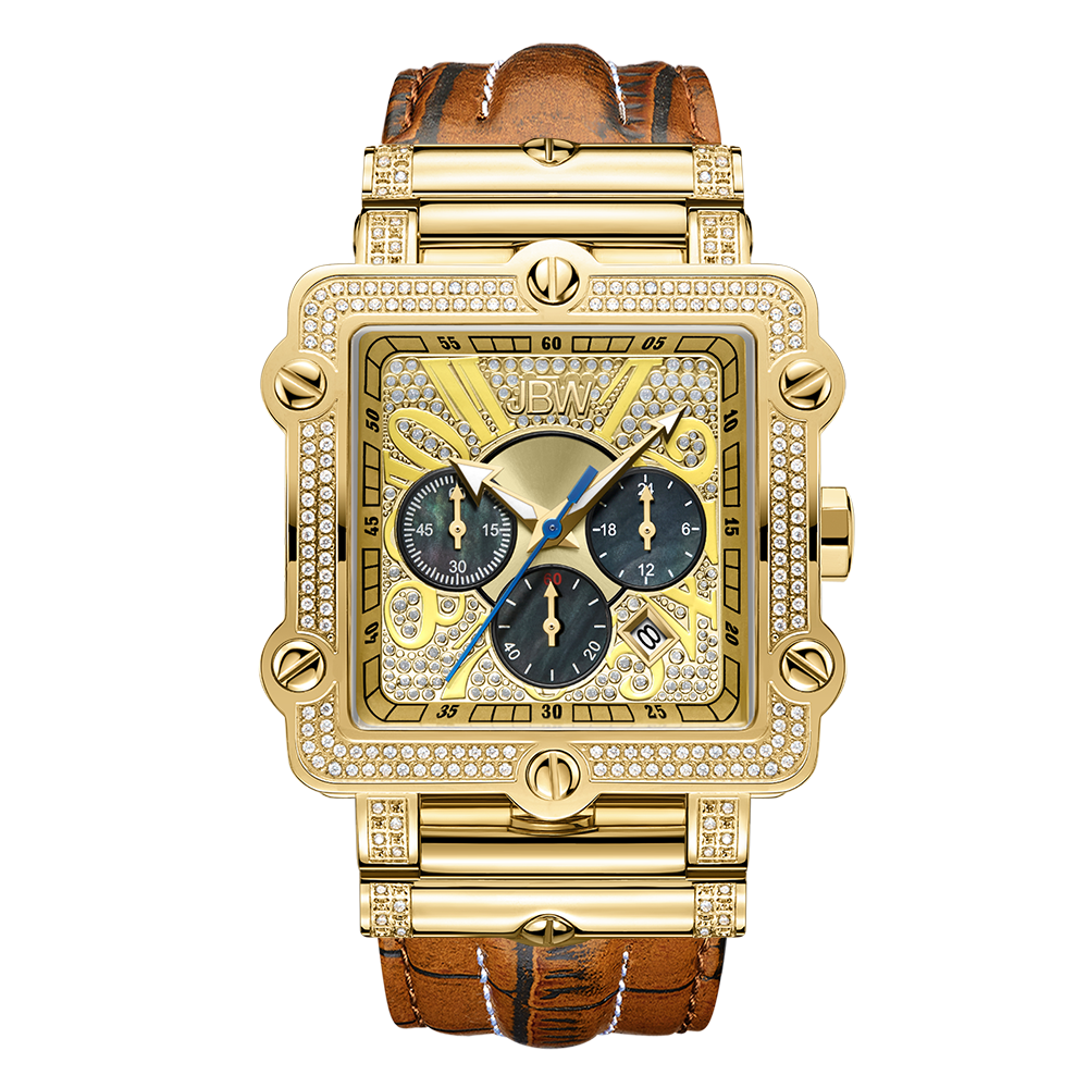 The JBW Phantom | JB-6215-238-A features a gold square case, brown leather band, diamond chronograph accents, three subdials, an intricate gold skeleton design, a date display, and Roman numerals on the bezel.