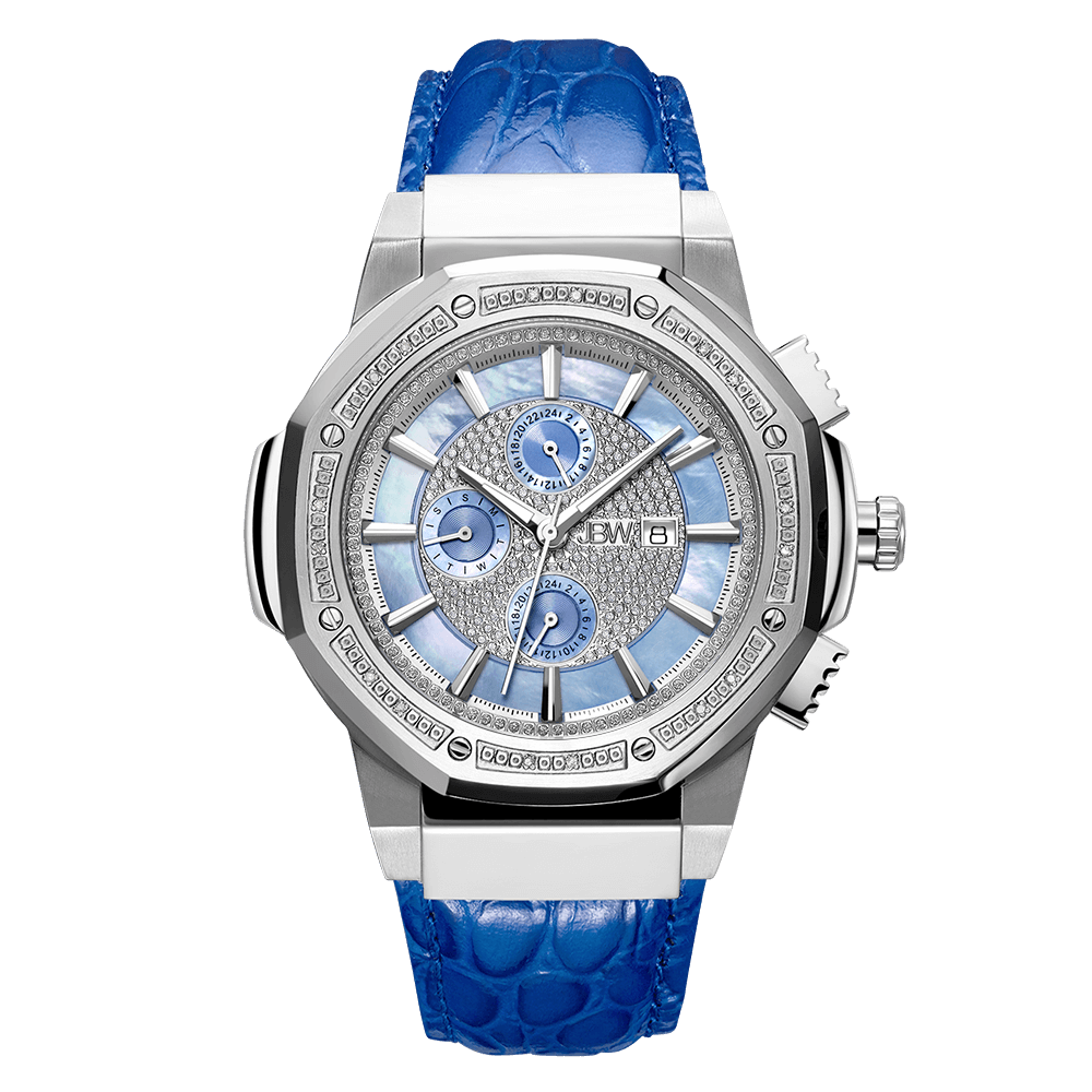 The JBW Saxon 10 YR | JB-6101L-10B is a luxury diamond watch with a silver case, blue crocodile-pattern leather strap, detailed silver and blue dial with three subdials, diamond accents, and date display.