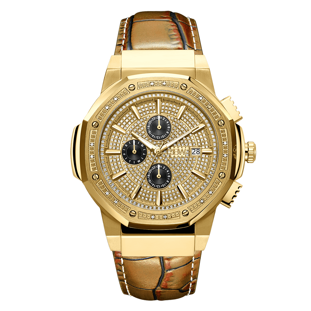 The JBW Watches Saxon 10 YR | JB-6101L-10D features a gold case, diamond accents, Japanese movement, three black subdials, date display, and a brown genuine leather strap with reptile skin pattern.