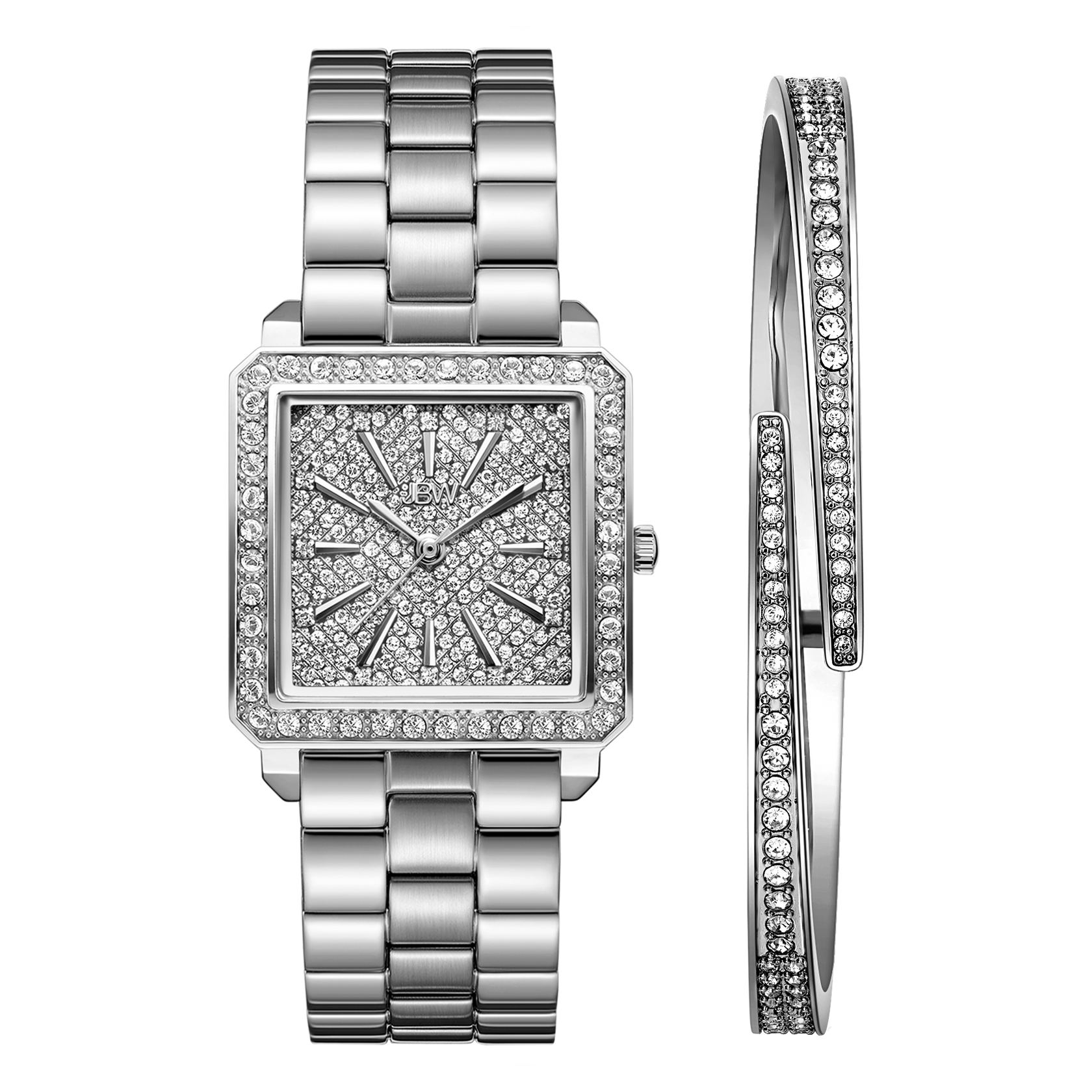 The JBW Cristal 28 (J6387-SetC) is a rectangular silver diamond watch with a metal link band, crystal-encrusted Roman numeral face, and matching stainless steel bangle—all adorned with Austrian crystals.
