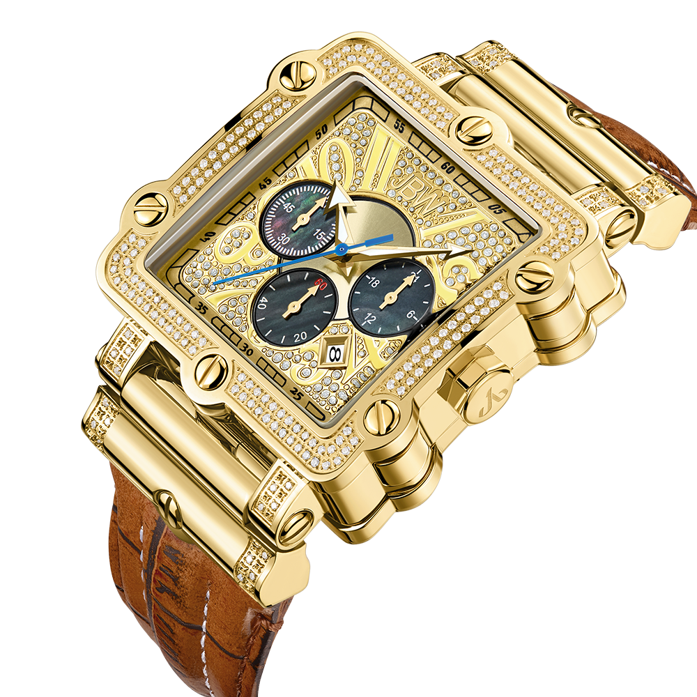 The JBW Phantom (JB-6215-238-A) is a gold square wristwatch with a diamond chronograph bezel, detailed gold face, three subdials, and a brown leather strap.