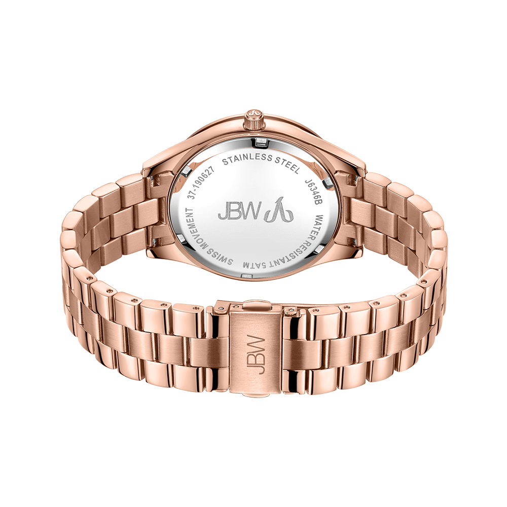 A rose gold JBW Watches Cristal 39 (Sample Sale) timepiece is shown from the back, highlighting its engraved stainless steel case back and matching rose gold metal link bracelet.