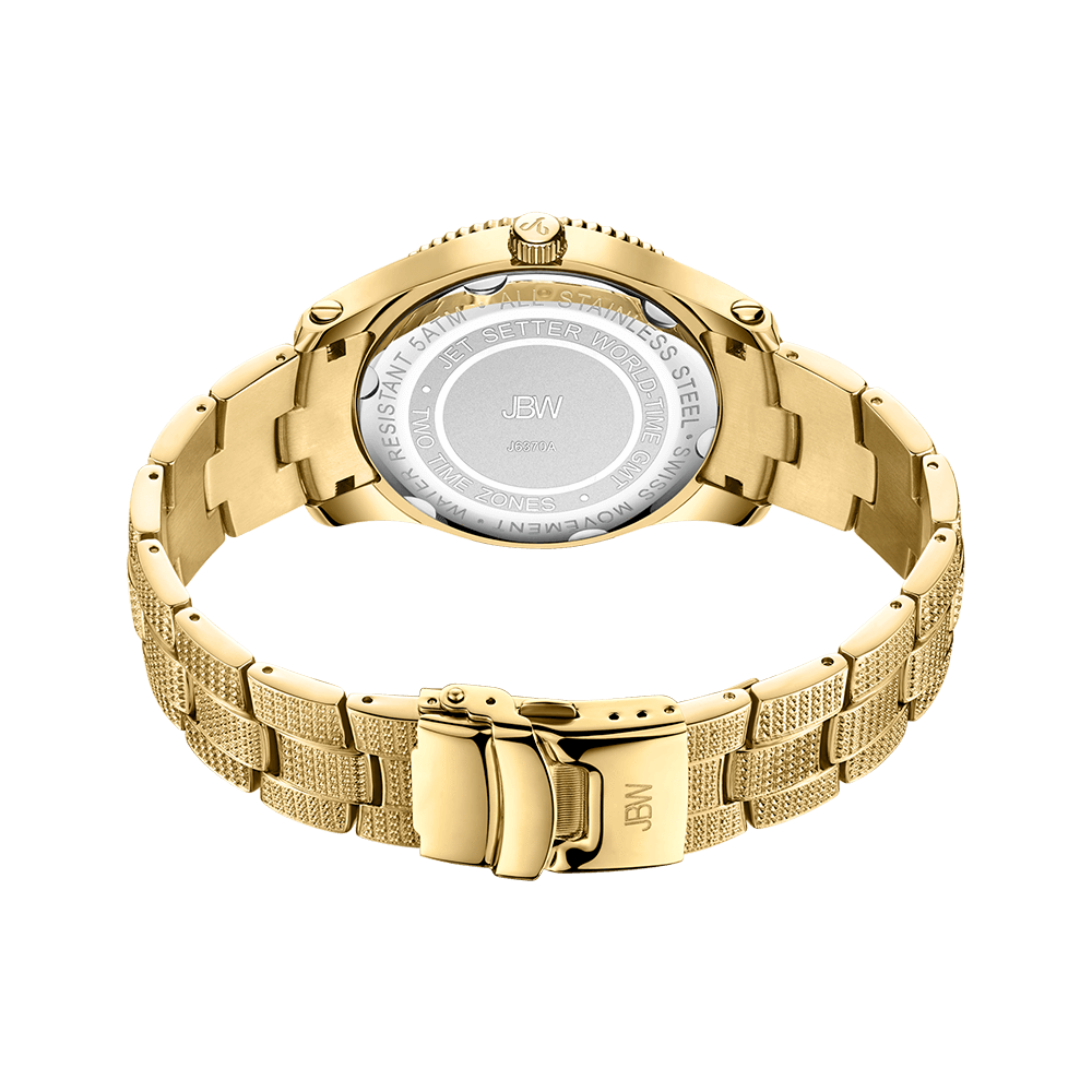 The JBW Jet Setter GMT | J6370A features a textured 18K gold-plated band, shown from the back to highlight its JBW-engraved clasp and stainless steel case back with engraved details.