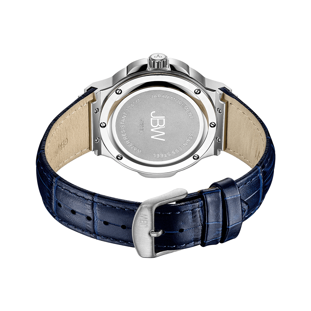 The back view of the JBW Saxon 48 | J6373B silver wristwatch with a blue croc strap and stainless steel clasp displays JBW engraved on the case back along with manufacturer details around the edge.
