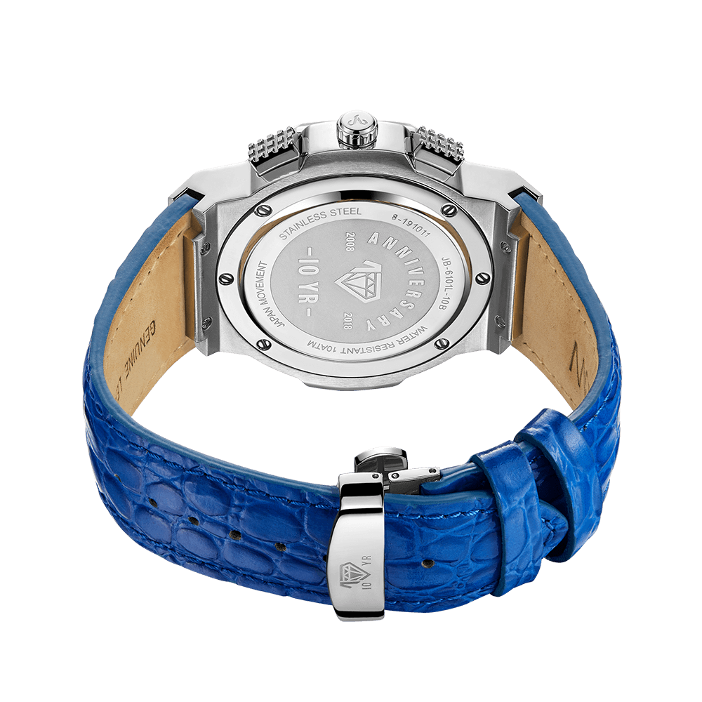 Back view of the JBW Saxon 10 YR | JB-6101L-10B, featuring 10 Yr Anniversary etched on the stainless steel case, brown leather underside, and a blue genuine leather strap with crocodile pattern and metal clasp.