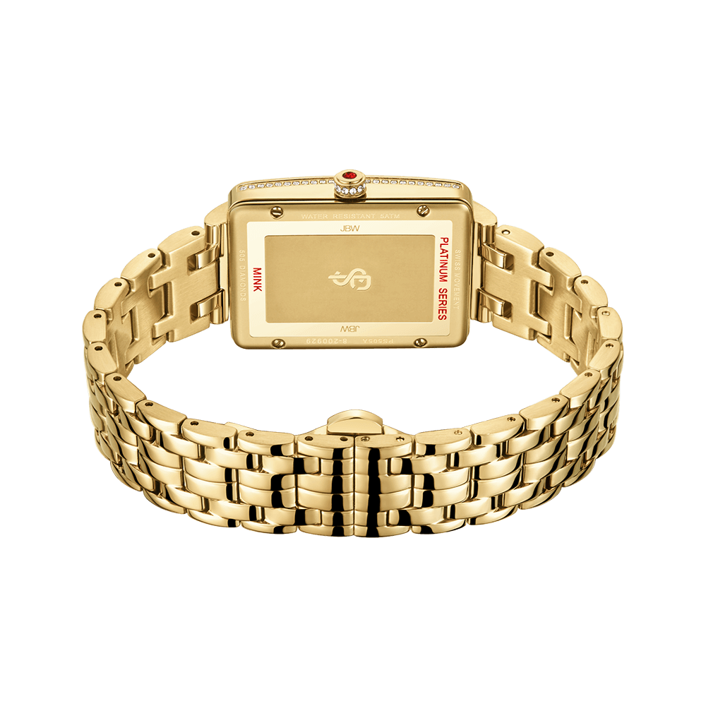 The JBW Watches Mink PS | PS505A features an 18K gold-plated rectangular case, shown from the back to reveal engraved details and a linked band, with “PLATINUM SERIES” highlighted in red text.