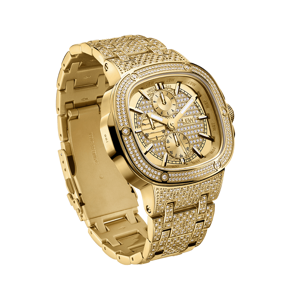The JBW Watches Heist PS | PS545A features a luxurious diamond bezel, a detailed multi-subdial face, and a gold-plated stainless steel bracelet, elegantly displayed against a plain white background.