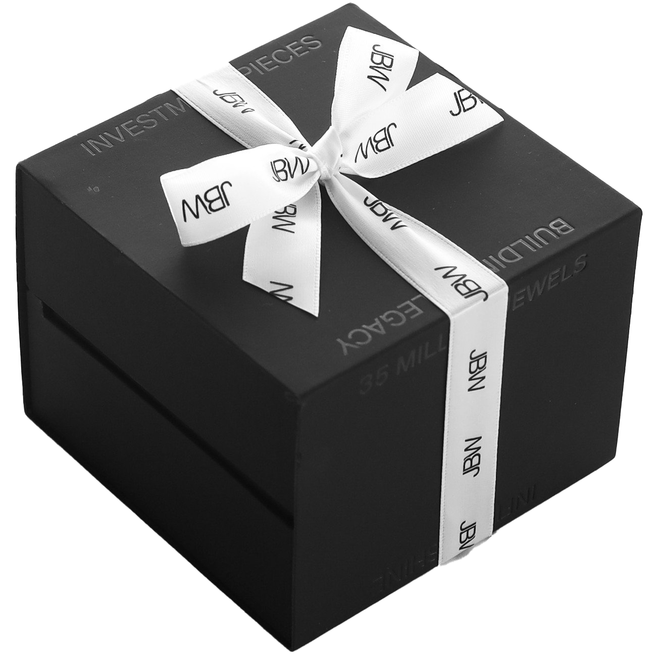 A matte black gift box features a white "JBW Watches" Gift Ribbon and elegant silver text with phrases like INVESTMENT PIECES and BUILDING LEGACY.
