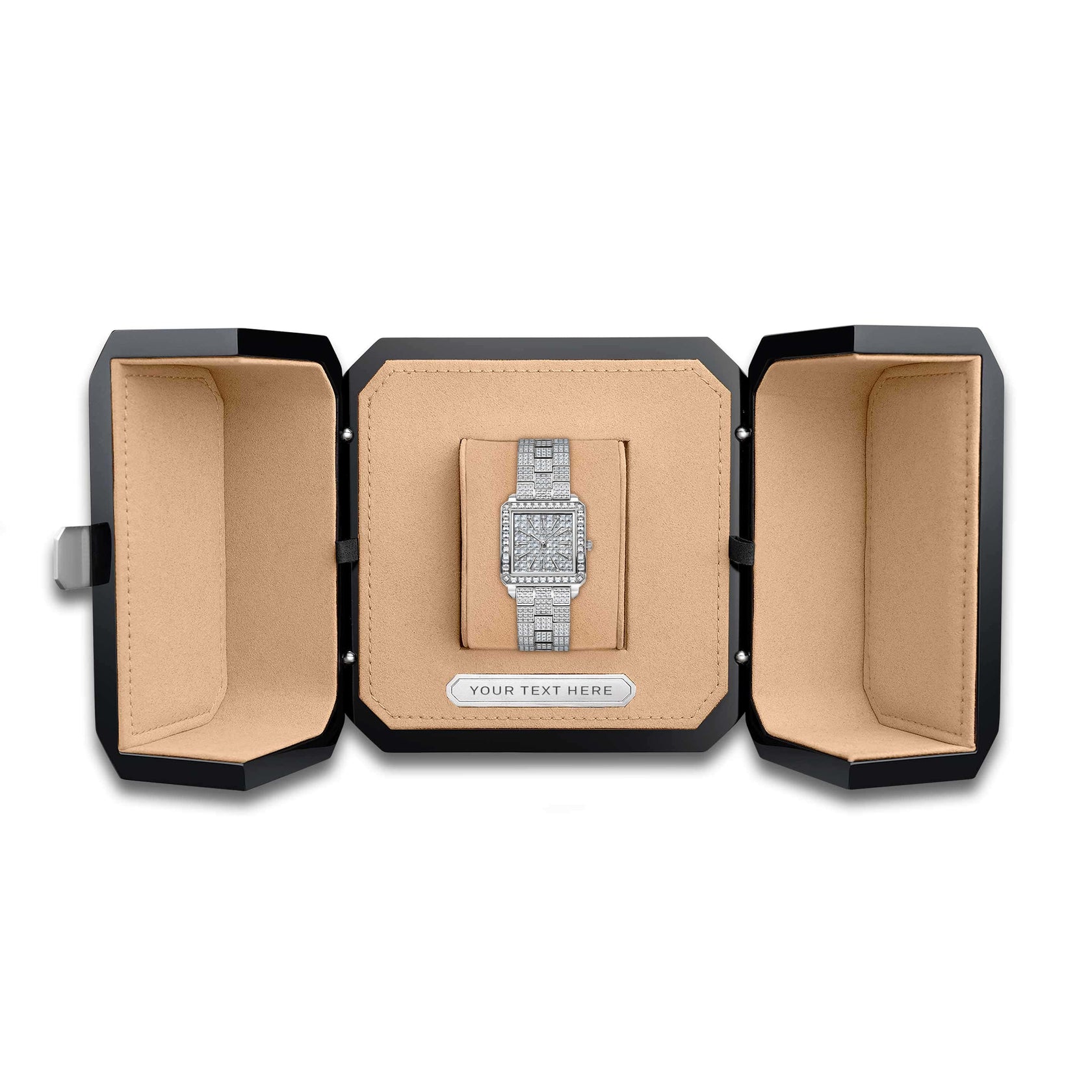 A JBW Watches diamond-encrusted wristwatch rests in an open black and beige jewelry box (Custom Box Engraving - R6386B) with two empty side compartments and a customizable nameplate for your personal engraving.