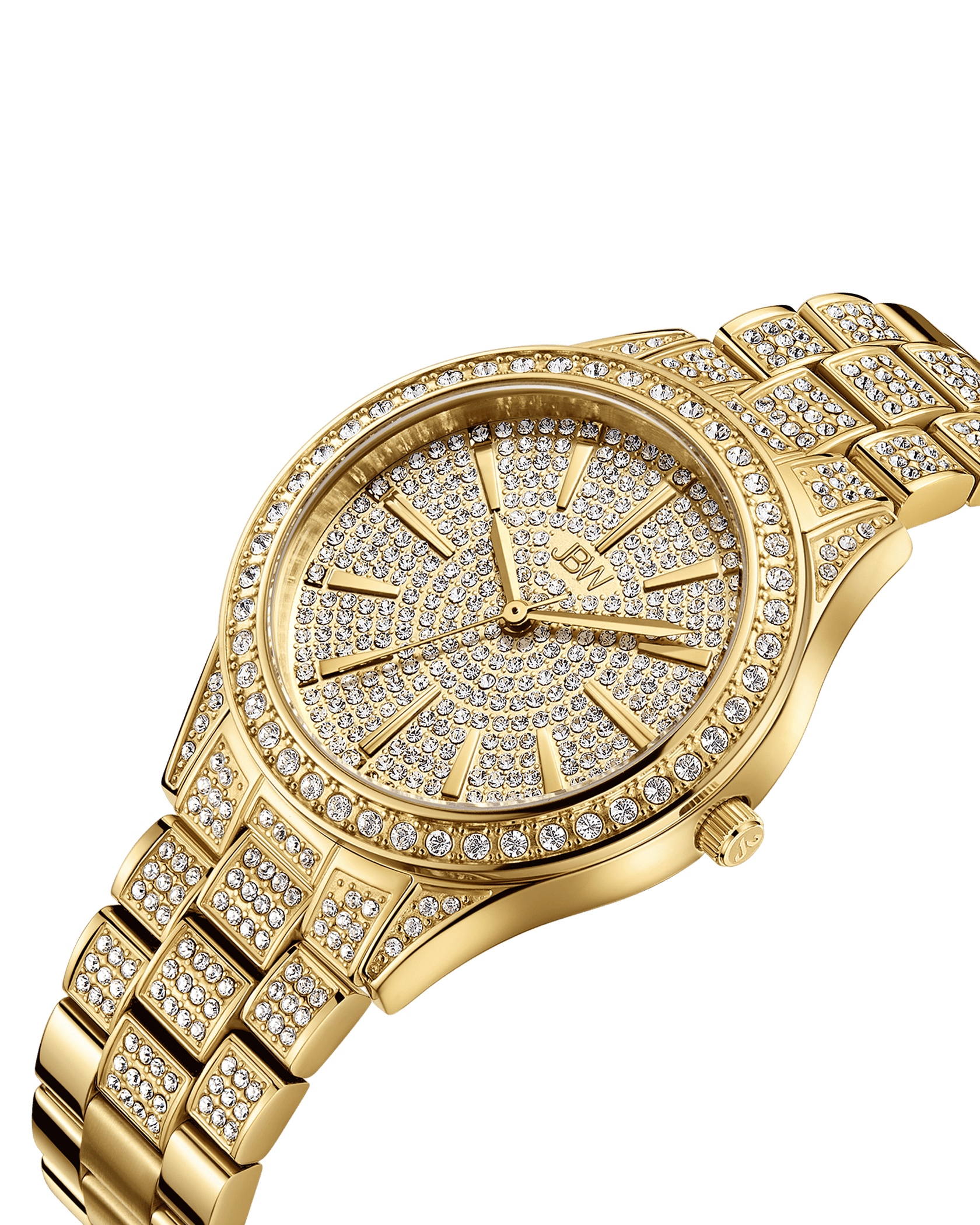 The JBW Cristal 34 | J6383A, a luxurious diamond watch with a gold-plated stainless steel band and diamond accents on the face, bezel, and band, is elegantly displayed at an angle on a plain white background.