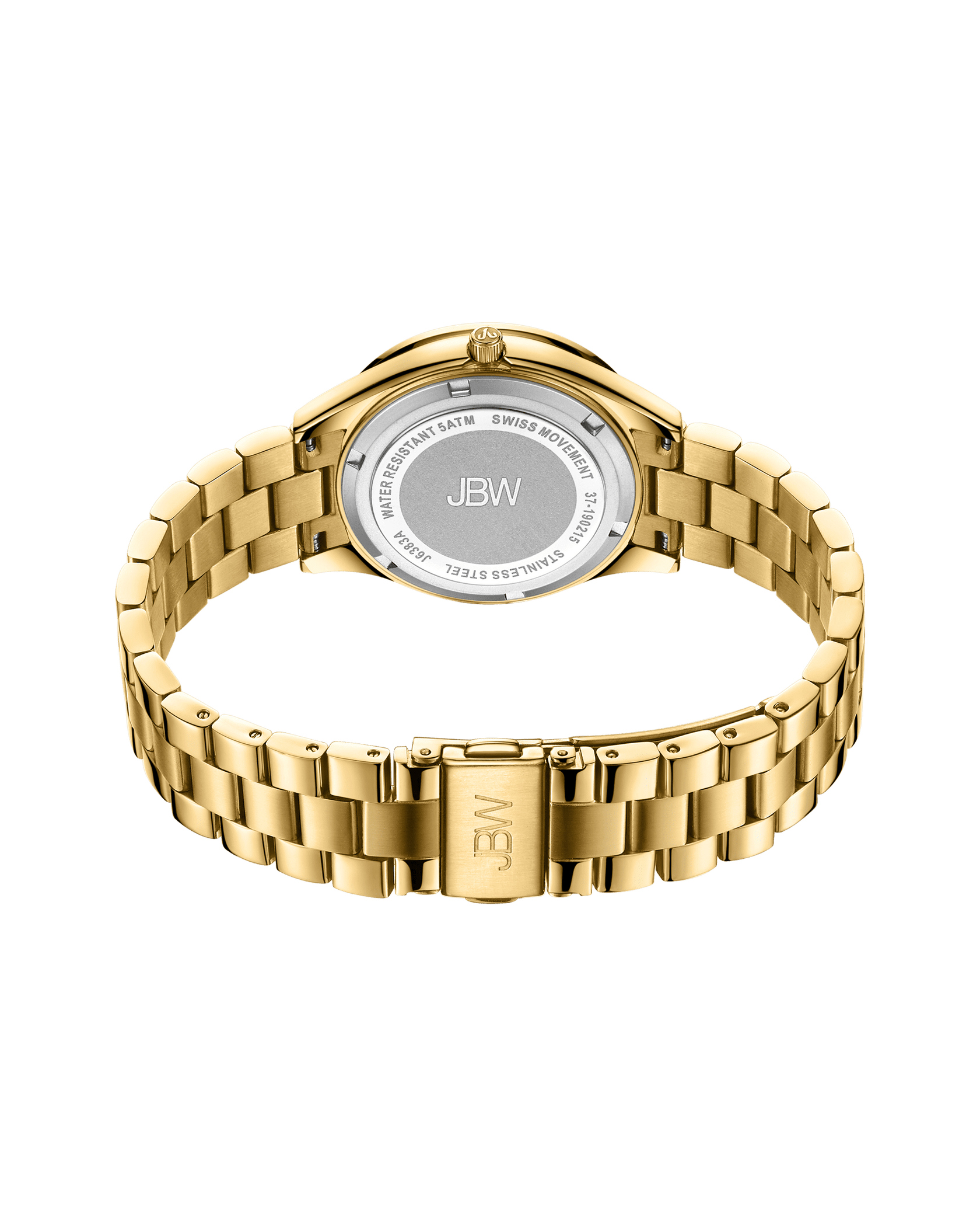 The Cristal 34 | J6383A by JBW is a gold-plated stainless steel wristwatch, shown from the back, with a metal link band, a clasp engraved with JBW, and a branded case back displaying product and material details.
