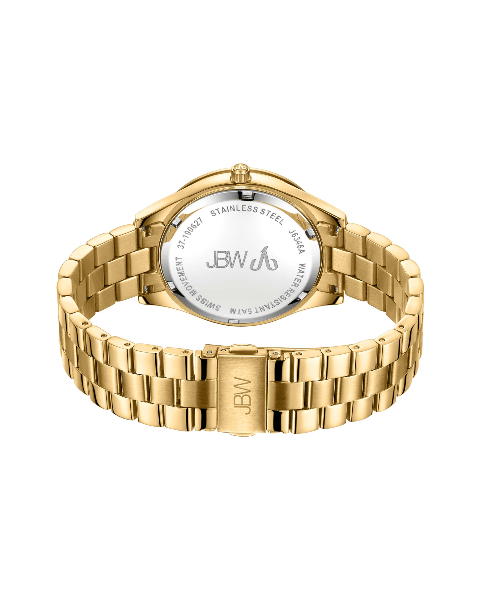 The Cristal 39 | J6346A by JBW, a gold-plated stainless steel wristwatch, is shown from the back, highlighting the engraved case back and clasp—both featuring JBW branding and specifications—plus a linked gold bracelet.