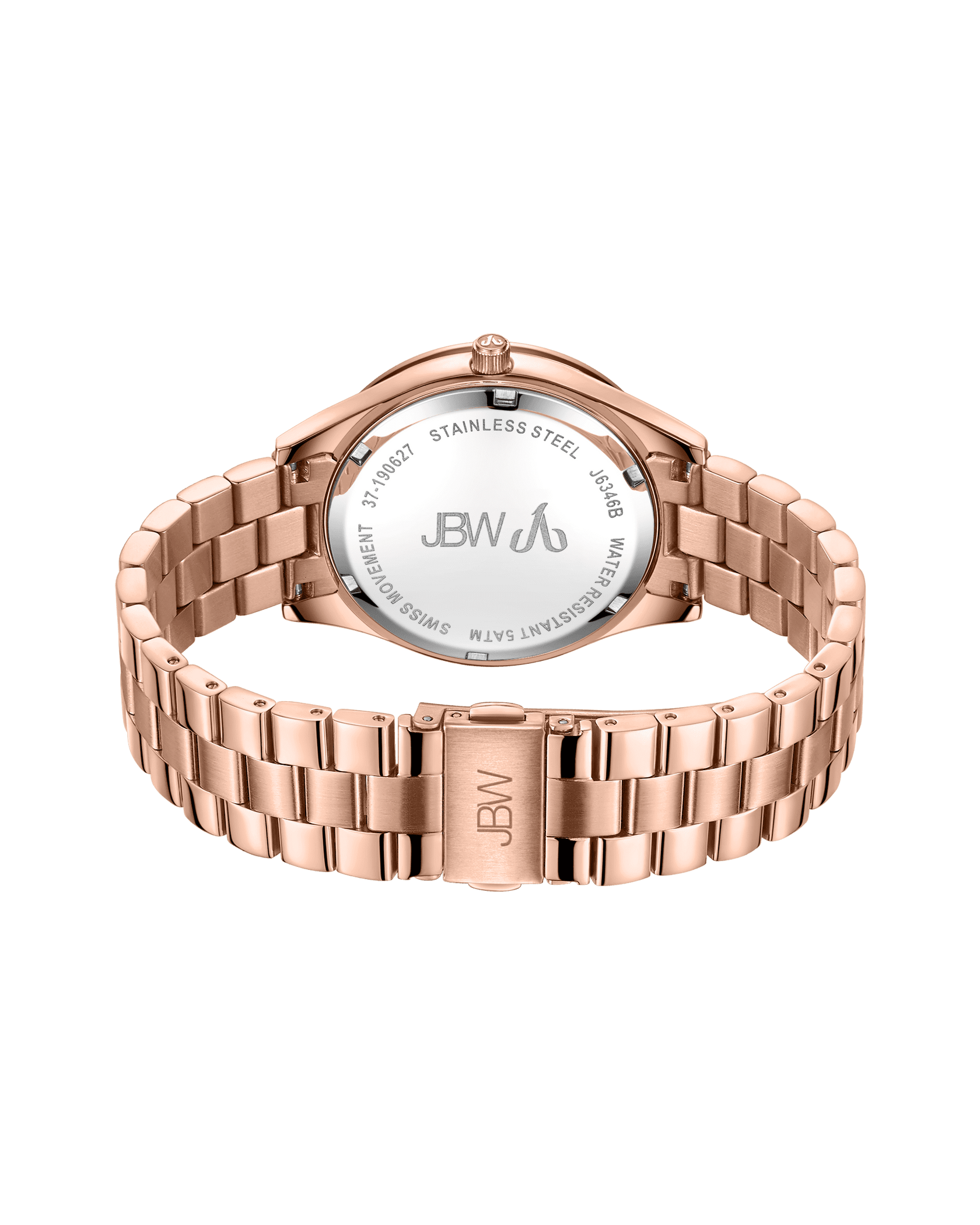 The JBW Cristal 39 | J6346B rose gold diamond watch is displayed from the back, featuring its stainless steel bracelet and engraved caseback with the JBW logo, detailed info, and Swiss movement.
