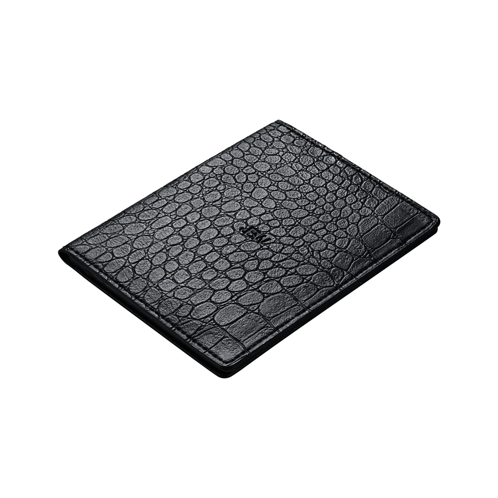 The JBW Leather Passport Case is a slim, black genuine leather holder with a crocodile-textured embossing, shown on a plain white background.