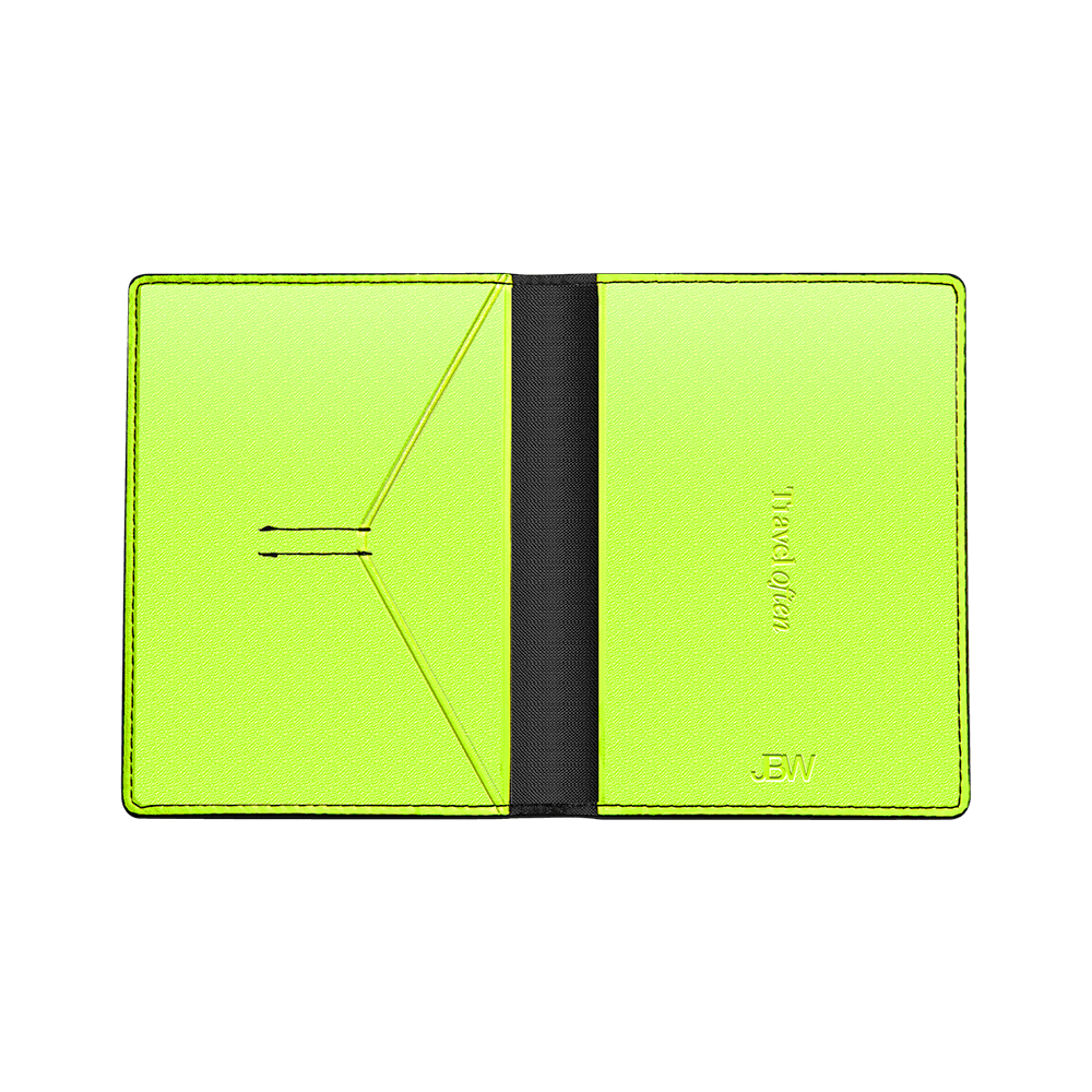 The JBW Watches Passport Holder | J1030 features genuine yellow-green leather, two left card slots, debossed text on the right, and a black spine, all shown against a white background.