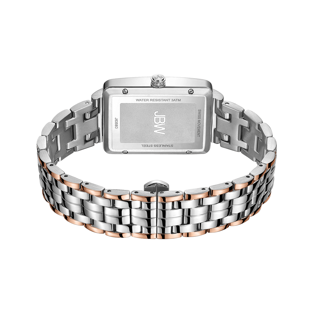 The JBW Watches Mink (Sample Sale) | J6358D-GA features a rectangular stainless steel case and a two-tone silver and rose gold bracelet, shown from the back highlighting its clasp and case back details.