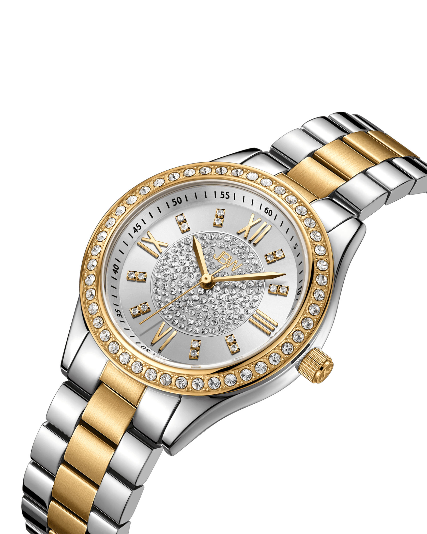 The Mondrian 34 | J6388C by JBW Watches is a luxury Swiss movement watch with a silver and gold-plated stainless steel band, round face with gold Roman numerals, sparkling bezel stones, and a crystal-studded center.