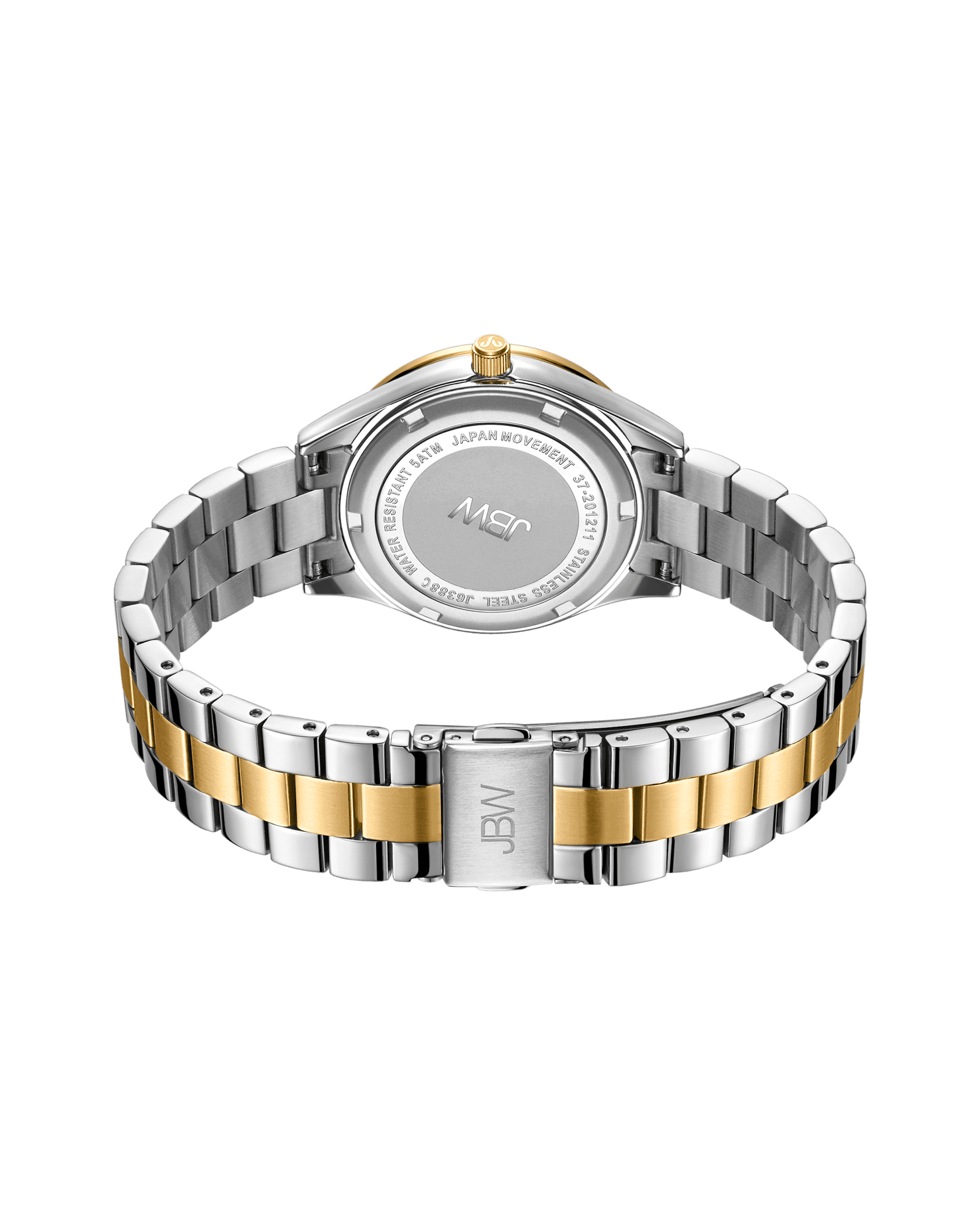 The Mondrian 34 | J6388C by JBW Watches is a gold-plated stainless steel wristwatch with a brushed and polished finish, shown from the back to display its engraved clasp and detailed case back.